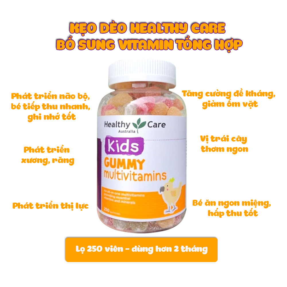 Kẹo dẻo Healthy Care Kids Gummy Multivitamin - giúp bé ăn ngon, tăng cường miễn dịch, giảm ốm vặt, phát triển toàn diện thể lực và trí tuệ 250 viên mùi vị hoa quả