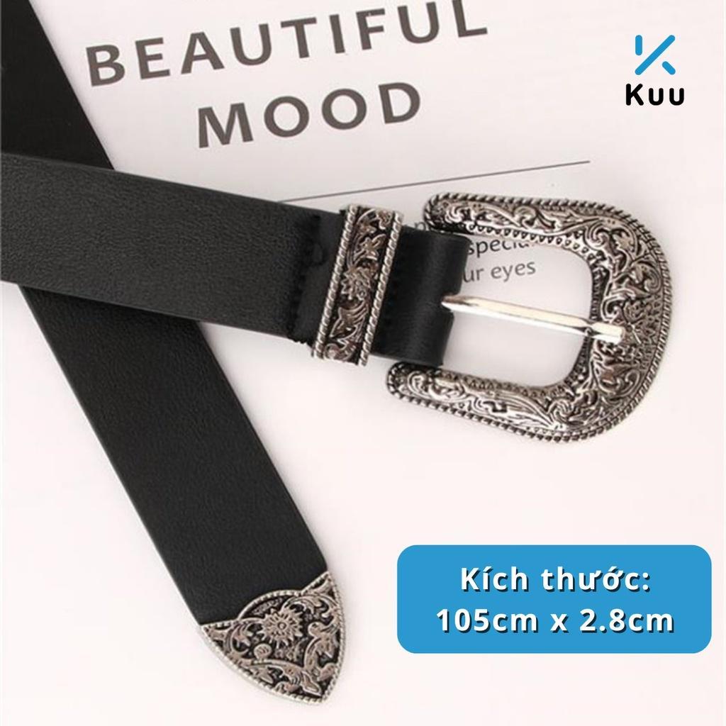 Thắt Lưng Nam Nữ Sơn Tùng bản khắc hoa văn Vintage Màu Đen Bạc Đẹp Cam - Dây Nịt Lưng Nam Nữ Unisex Mặt Kim Loại Vintage