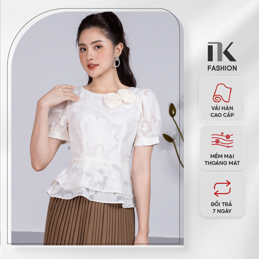 Áo Sơ Mi Nữ Công Sở NK FASHION Dáng Peplum Cổ Đính Hoa, Tay Cộc, Họa Tiết Voan Nổi, Vải Hàn Cao Cấp, Mát Thấm Hút Mồ Hôi Tốt NKSM2205007