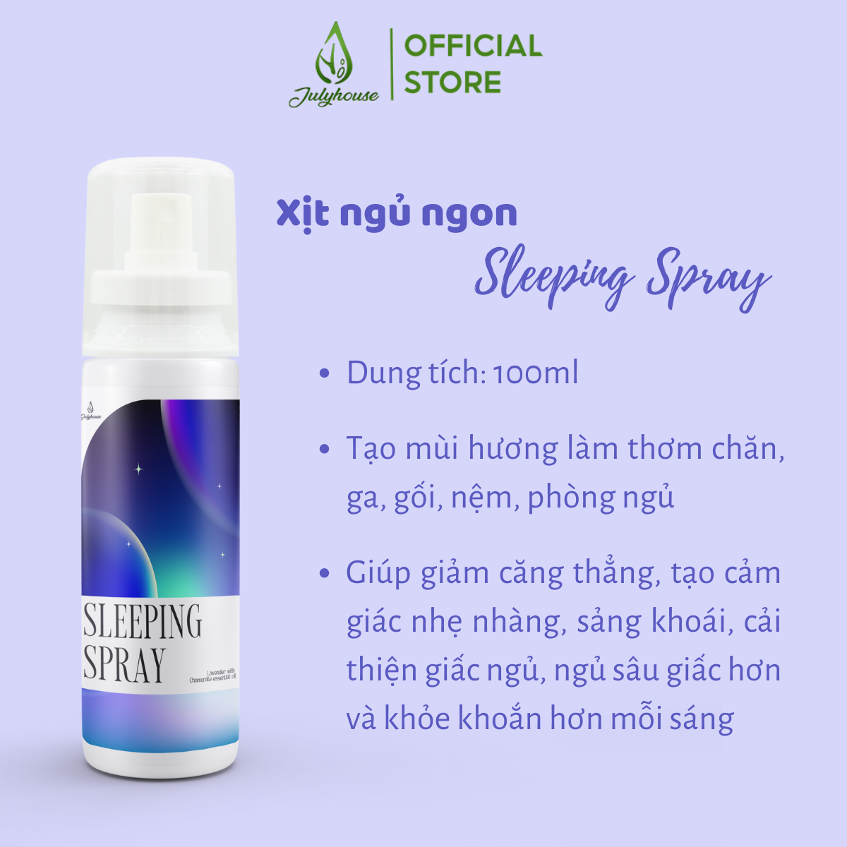 Xịt thơm ngủ ngon Sleeping Spray Julyhouse 100ml chiết xuất tinh dầu, giúp làm thơm mền gối, phòng ngủ, hỗ trợ ngủ ngon