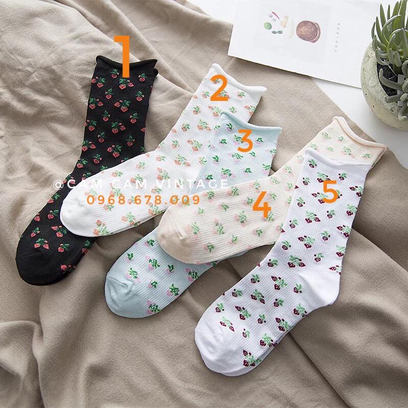 TẤT CAM CỔ NỮ VỚ ULZZANG UNISEX HOA VĂN HỌA TIẾT HOA NHÍ CHERRY