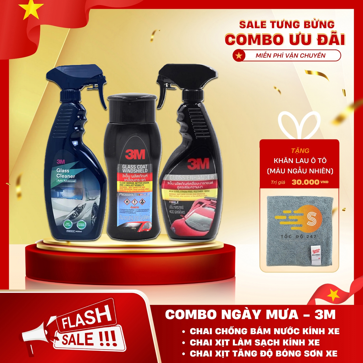 Bộ 3 món chăm sóc xe ngày mưa gồm chai chống bám nước, xịt rửa kính và xịt tăng bóng sơn xe 3M 3M-CBMUA - Tặng kèm khăn lau ô tô, trượt kính, vệ sinh kính, tăng bóng xe