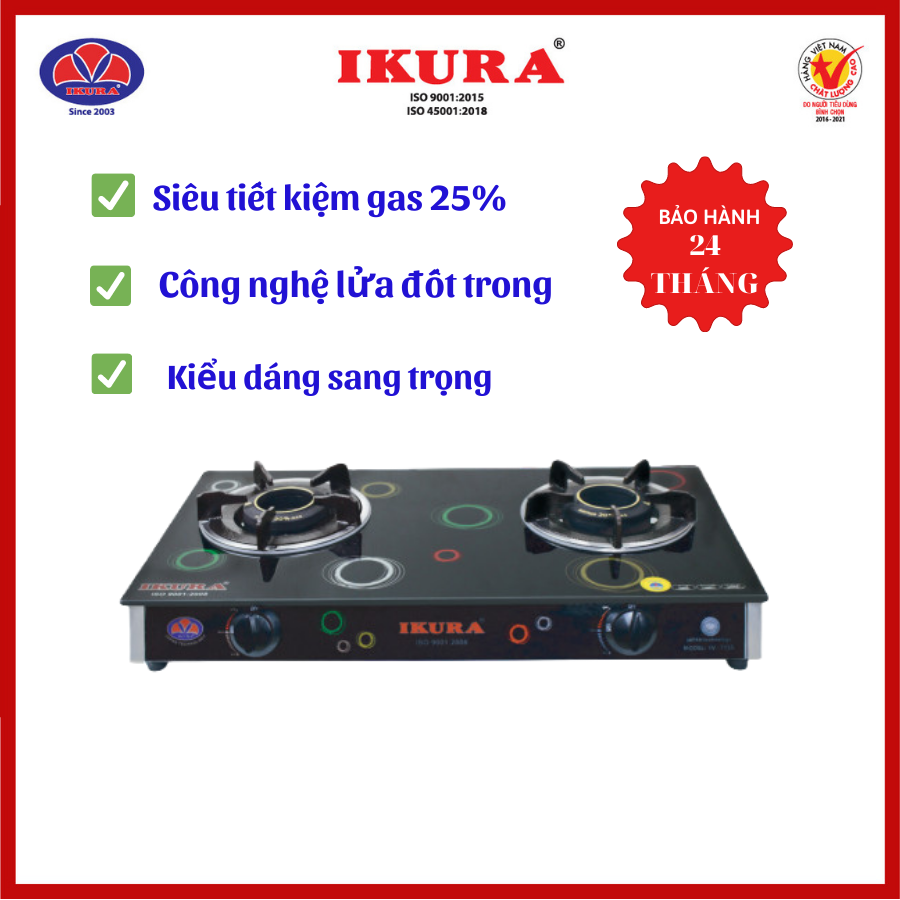 Bếp gas đôi mặt kính IKURA-IV 715S - Đầu đốt bằng đồng phi 115, lửa đốt trong