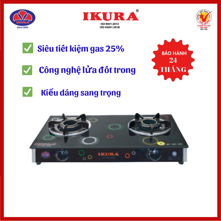 BẾP GAS ĐÔI MẶT KÍNH CHỊU NHIỆT - IKURA- (IV 715S) - Hàng Chính Hãng