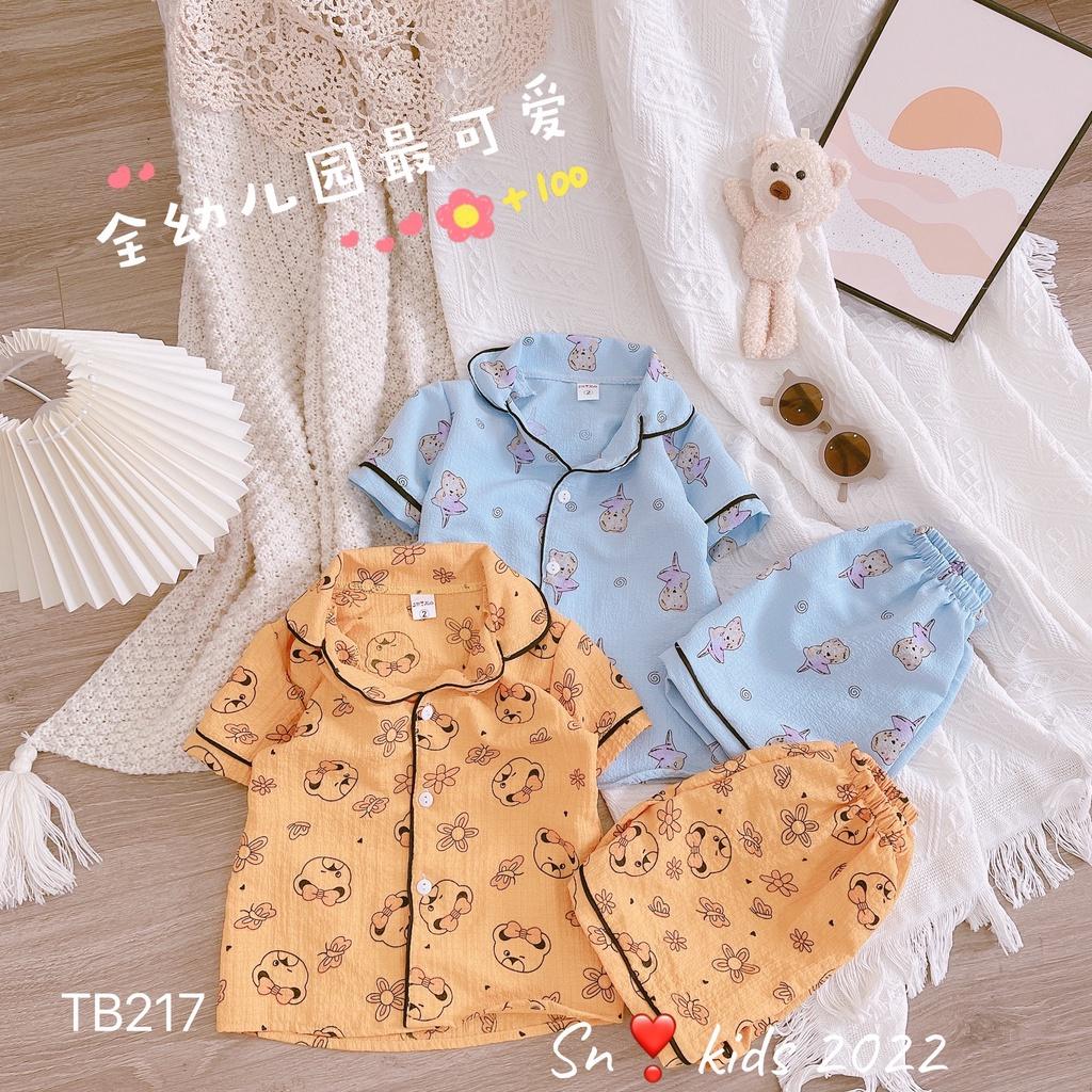 Bộ pyjama cộc tay cho bé gái vải đũi xốp thoáng mát, mềm mại, nhiều màu sắc và họa tiết size từ 10 đến 20 kg