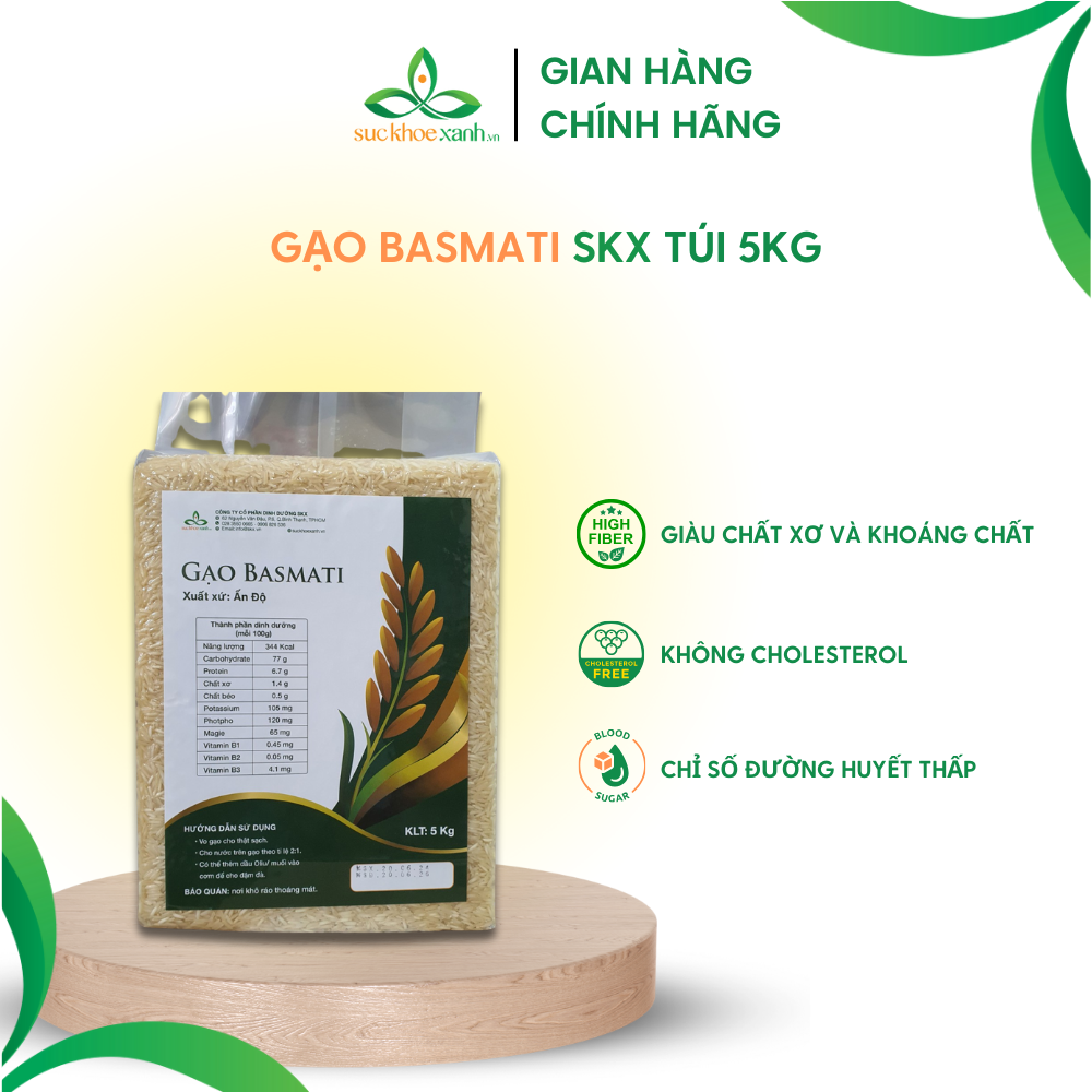 Gạo Basmati 1509 Ấn Độ Túi 5kg Chính Hãng – Hạt Dài, Tơi Xốp, Thơm Tự Nhiên, Ít Đường, Nhẹ bụng, Giàu giá trị dinh dưỡng, Phù Hợp Ăn kiêng, Eat Clean