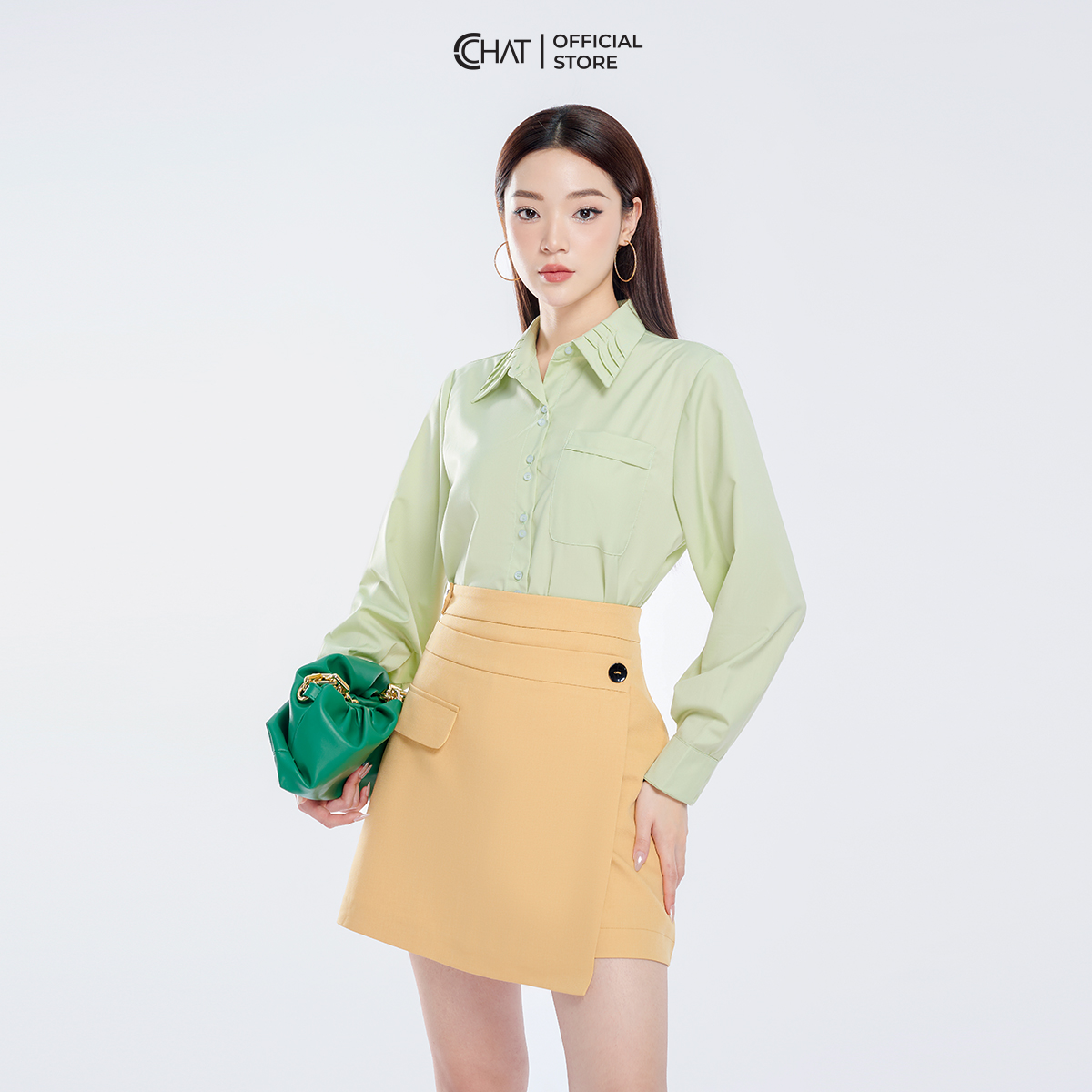 Áo Sơ Mi Nữ CCHAT Bấu Mí Lá Cổ Chất Liệu Thô Nhập Khẩu 13SDT2005ST