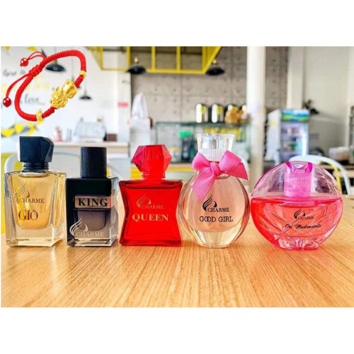 Set 5 mùi nước hoa Charme Mini 10ml (Charme Giò, Charme Queen, Charme Ori, Good Girl, Charme King), Tặng Kèm Vòng Tay May Mắn