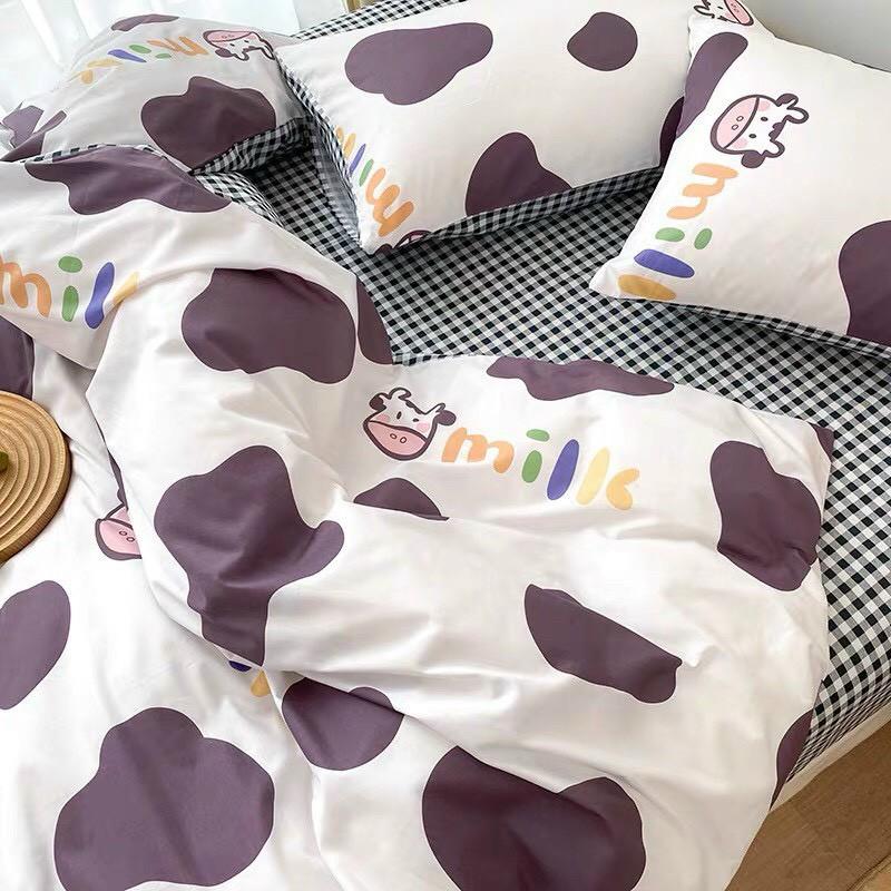 Bộ chăn ga gối Cotton poly M2T bedding Bò Milk tím, vỏ chăn mền, drap giường và 2 vỏ gối