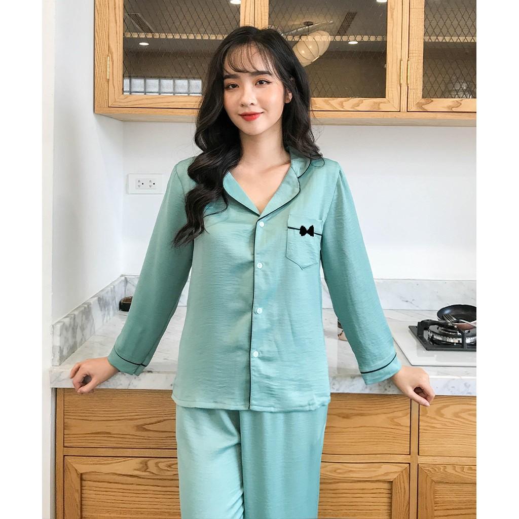 Bộ Lụa SATIN Dài Tay, Đồ Bộ Sau Sinh Chất Mềm Mịn Màu Sắc Sang Trọng Màu Xanh mint