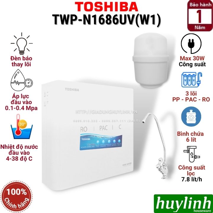 Máy lọc nước RO trực tiếp Toshiba TWP-N1686UV (W1) - 3 lõi lọc - Hàng chính hãng