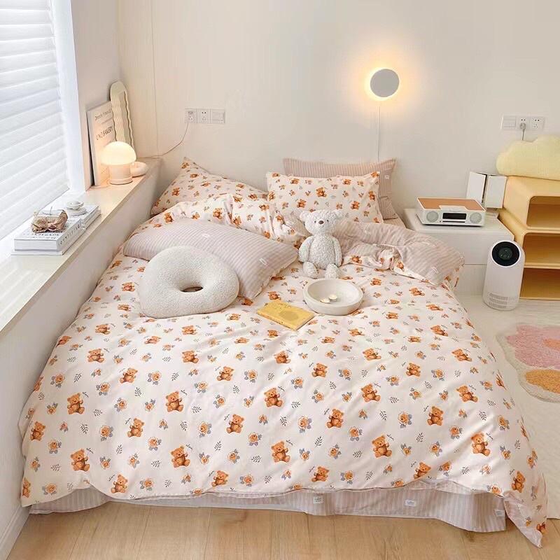 Bộ Chăn Ga Gối Cotton Living 100%cotton Hàng Nhập Khẩu Cao Cấp 4 Món Gấu teddy