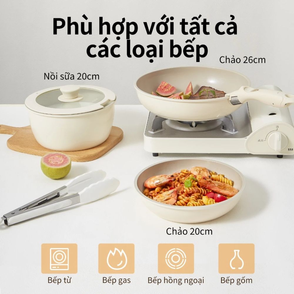 Bộ 3 Nồi Chảo Đá Gốm Chống Dính Mishio 5 Món - Tay Cầm Tháo Rời, Không Chứa PFAS/PTFE/PFOA, Dùng Mọi Loại Bếp - hàng chính hãng