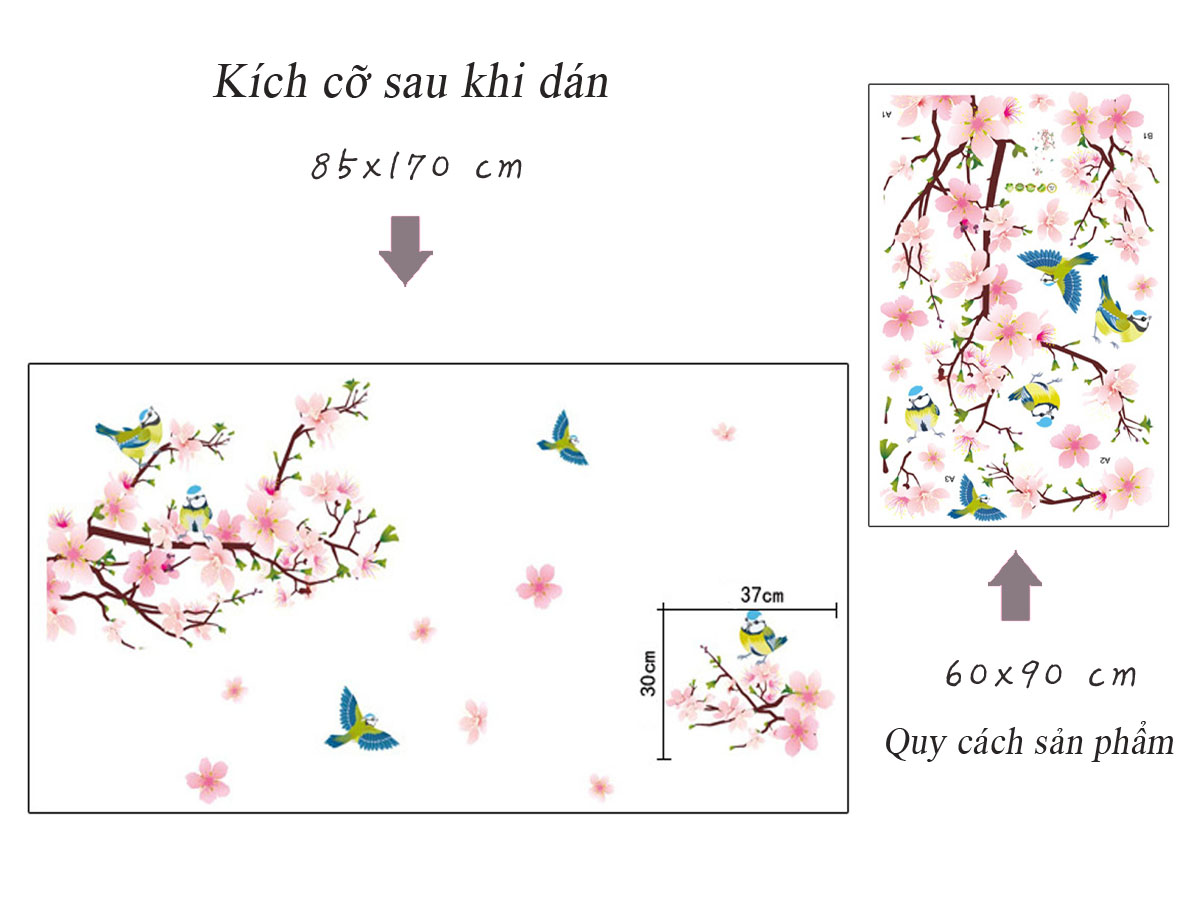 Decal trang trí tết- chim én đậu cành đào