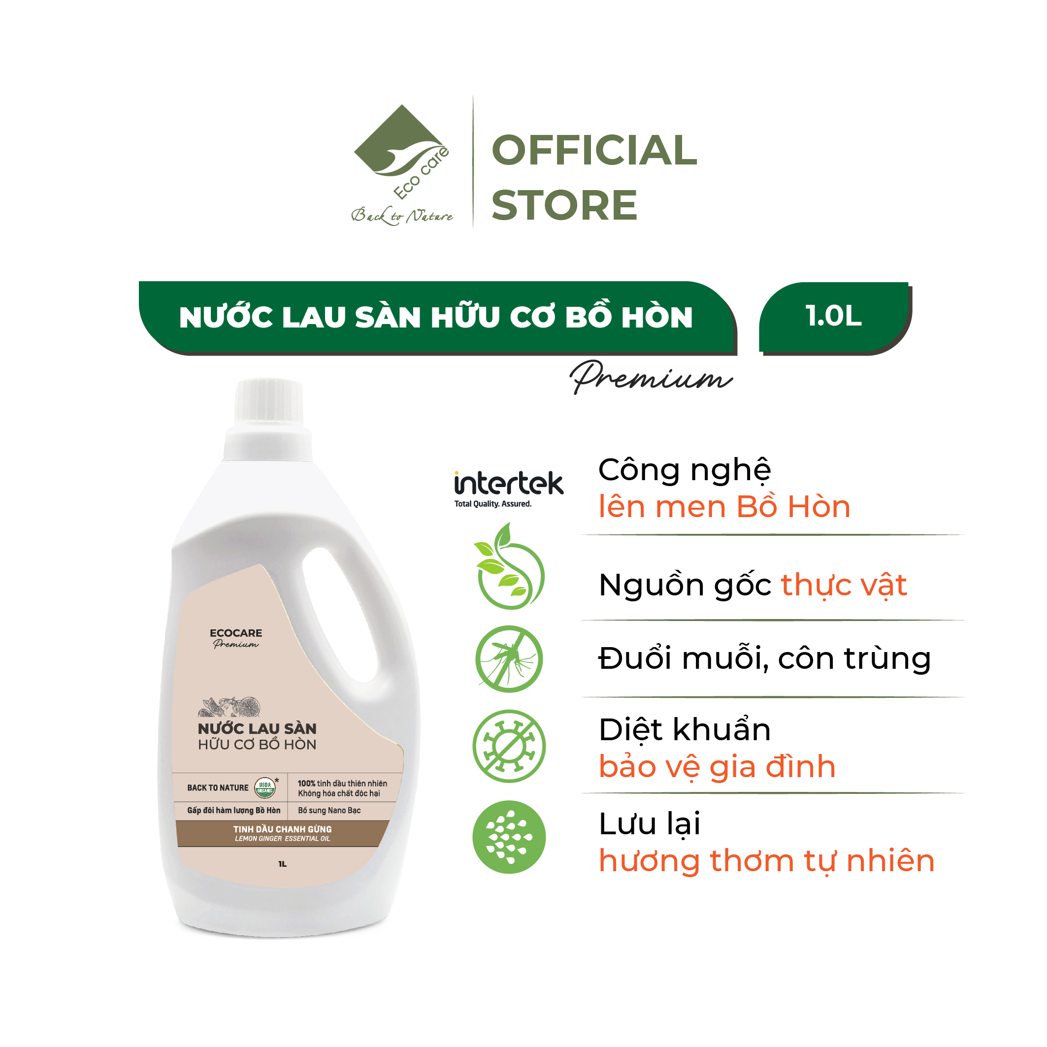 [Premium] Nước lau sàn hữu cơ cao cấp Bồ hòn và Tinh dầu thiên nhiên Ecocare - Diệt khuẩn, Đuổi muỗi, Chống trơn trượt - Cam sả - 4000ml