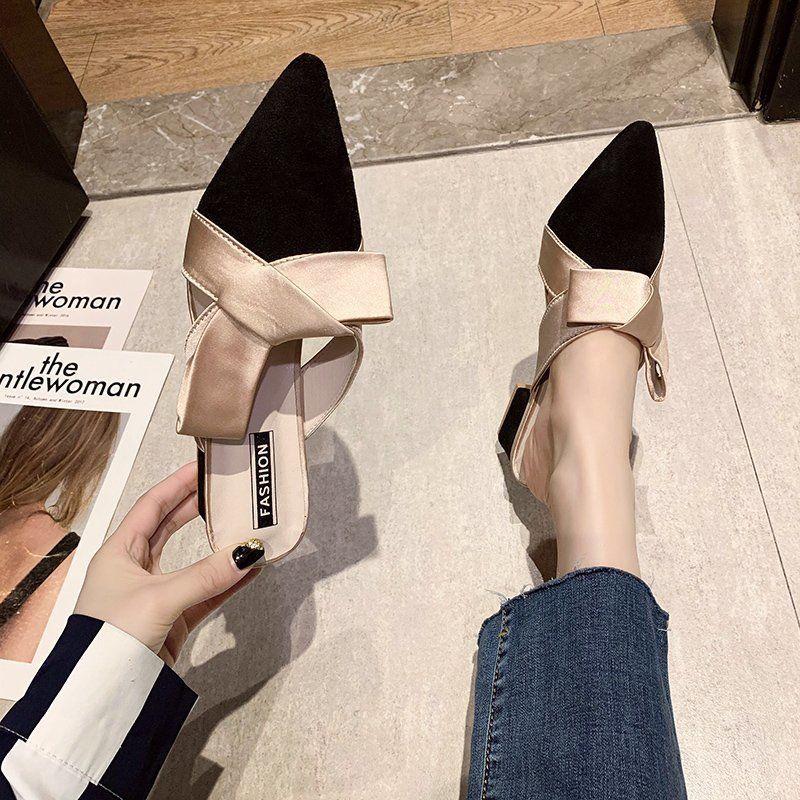 Dép cao gót mũi nhọn đính nơ thời trang mùa hè hàng mới dành cho bạn nữ 2021
