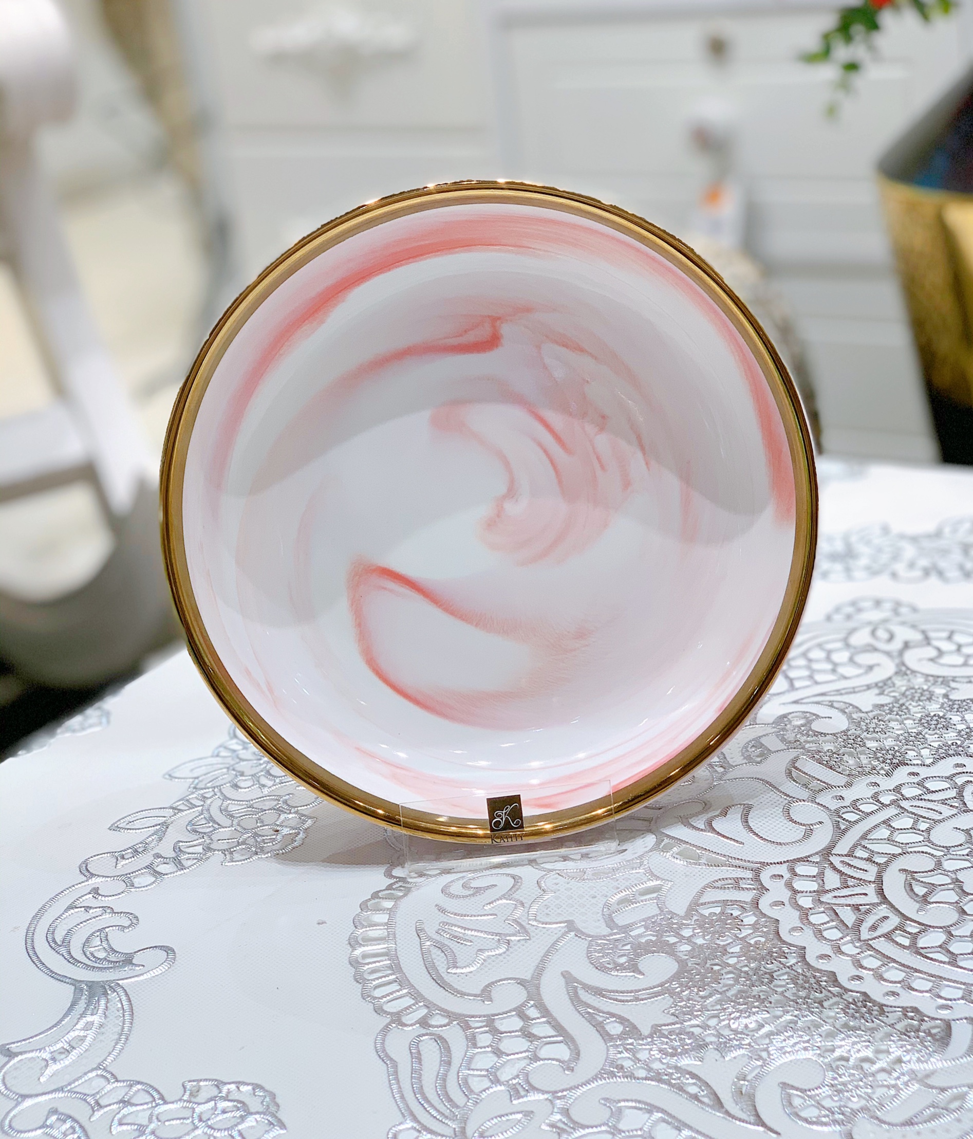 Đĩa sâu gốm sứ cao cấp phong cách hiện đại họa tiết vân đá hồng cỡ 19cm PINK MARBLE 5547DM