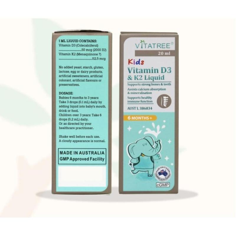 Tinh chất D3 K2 hỗ trợ hấp thu canxi cho trẻ Vitatree Kids Vitamin D3 &amp; K2 Liquid 20ml