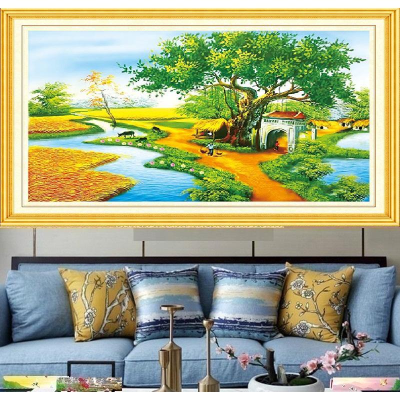 FreeShip từ 250K-Tranh đính đá mẫu mới Cây Đa Đầu Làng-KT: 100x68