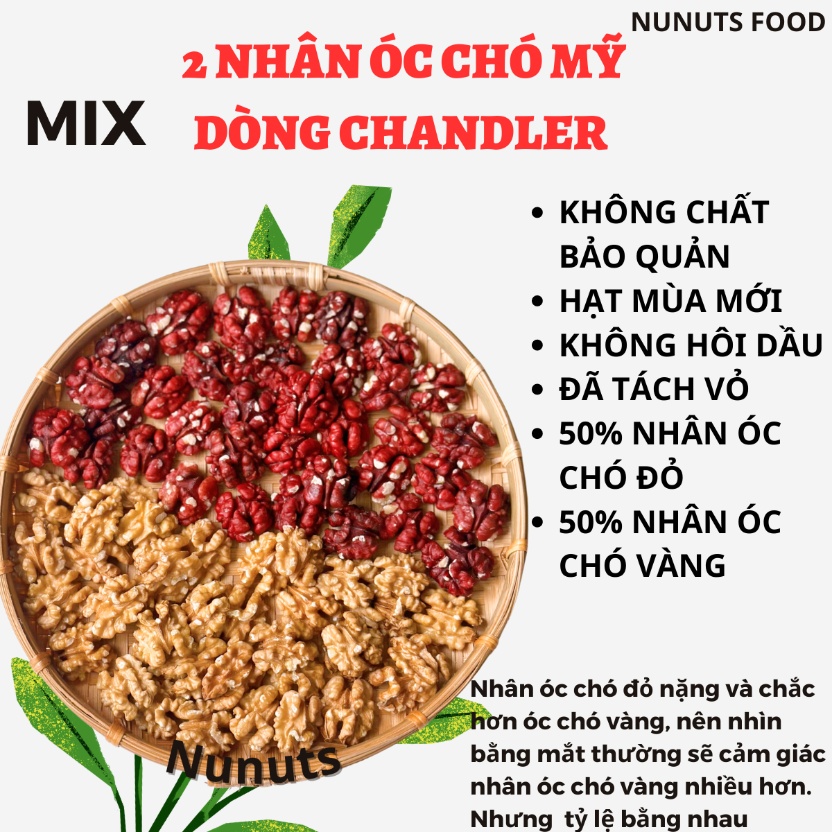 Mix hạt dinh dưỡng gồm 2 loại óc chó đã tách vỏ Mỹ ( óc chó đỏ, óc chó vàng) có loại làm sữa, sấy giòn và nướng mật ong Nunuts