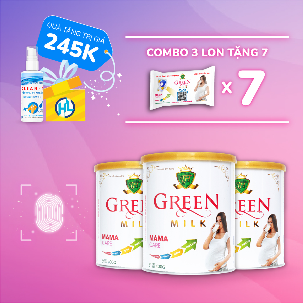 (Tặng 7 Gói Sữa + Gel rửa tay) Bộ 3 Lon Sữa Non Cho Mẹ Bầu GreenMilk Bổ Sung Canxi Dinh Dưỡng Thai Kỳ (400g)