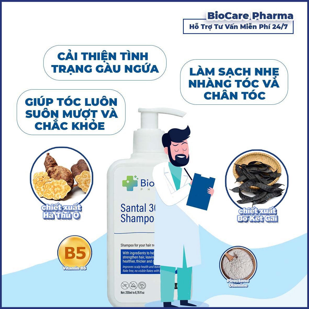 Dầu gội dược liệu BIO CARE PHARMA giảm gàu, nấm ngứa da đầu Santal 300 Shampoo 200ml