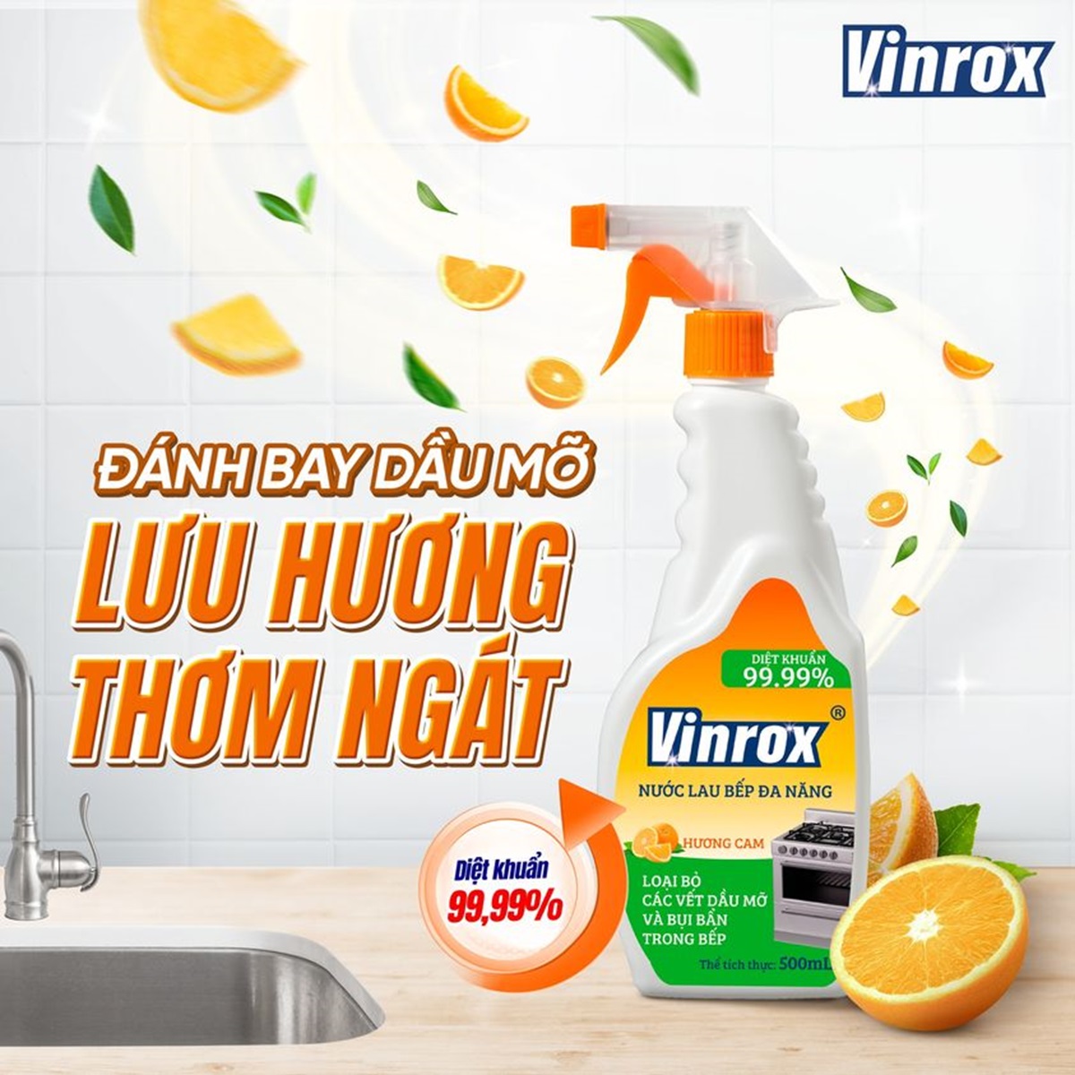 Combo 3 chai Nước lau bếp đa năng VINROX 500ml - Hương Cam