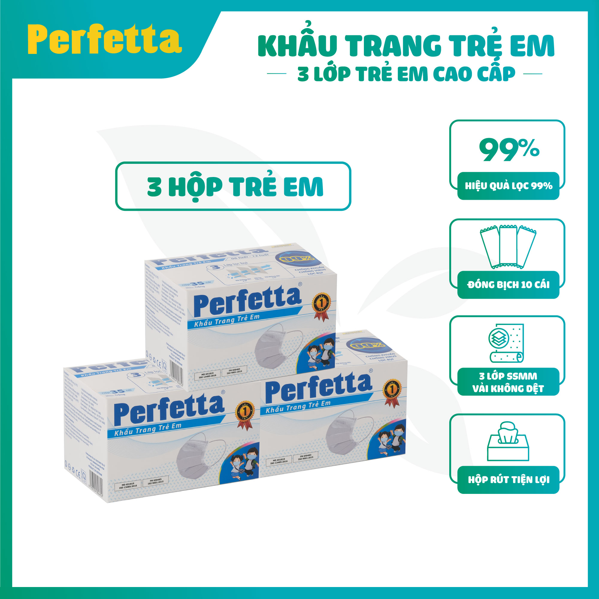 [Combo 3 - PERFETTA CHILDREN] - Khẩu Trang Y Tế Trẻ Em Chất Lượng Cao, Kháng Khuẩn, Chống Bụi Mịn, Màu Trắng, Bảo Vệ Tối Ưu, Đóng Gói Từng Cái - (35 cái/hộp)