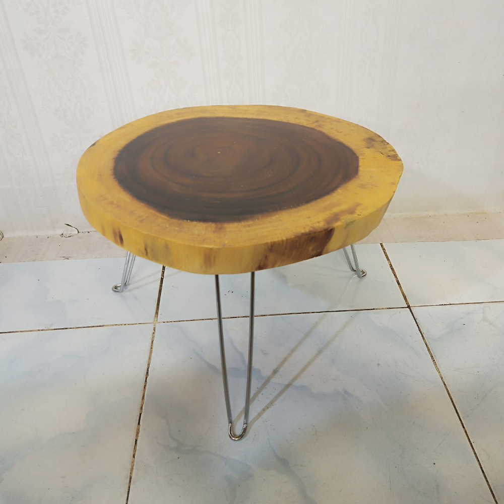 Bàn trà, bàn cafe gỗ me tây nguyên khối - chân sắt 3 chấu chắc chắn - đường kính mặt 40-50cm - độ dày mặt bàn 4-5cm