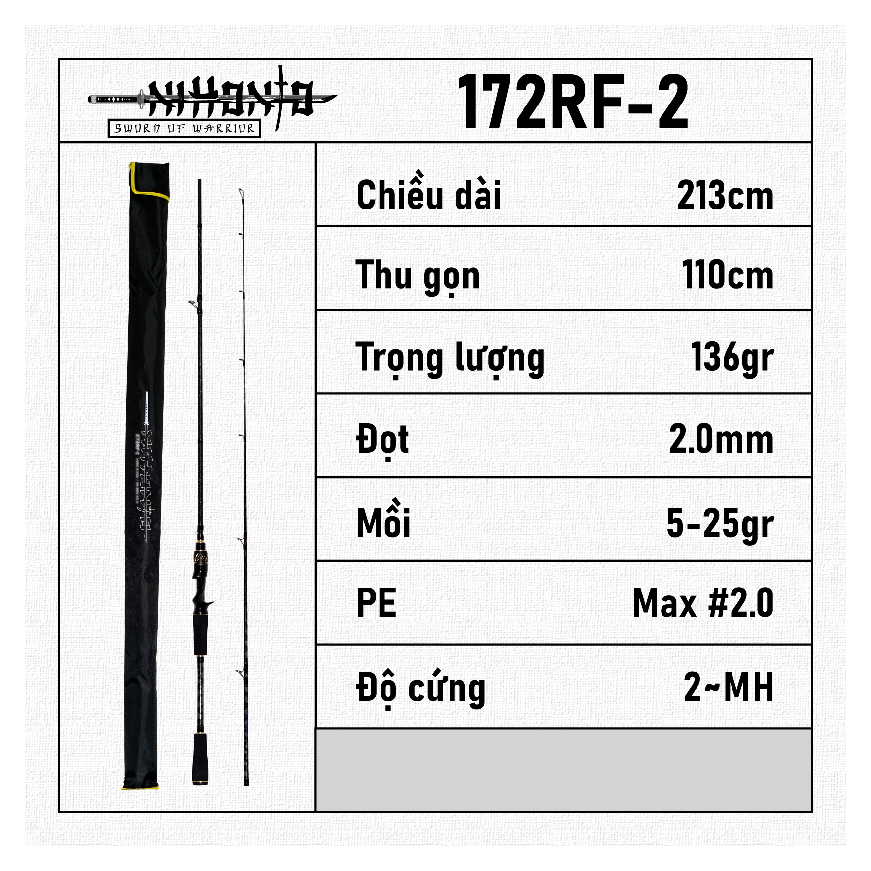 Cần câu Nihonto 172RF-2 (gắn máy ngang) - lure mồi giả cá lóc chẽm