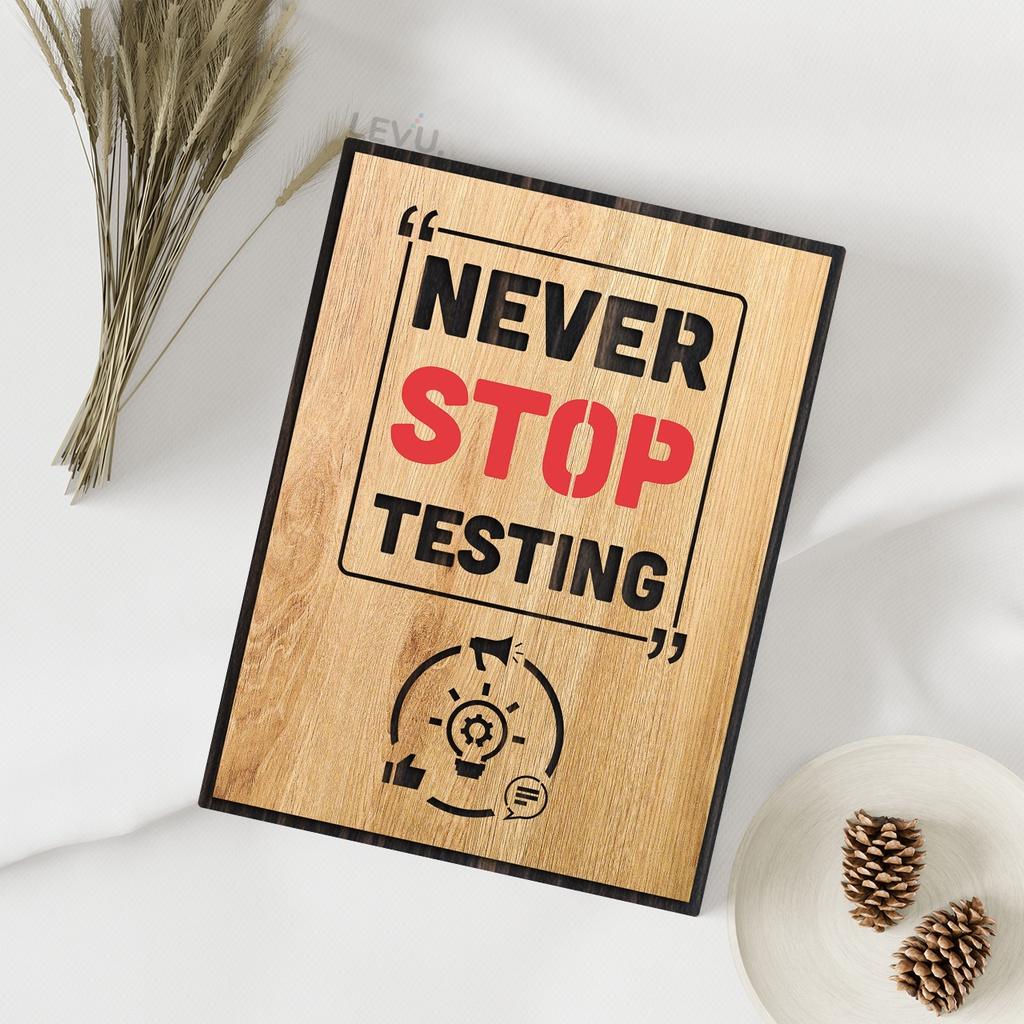 Tranh khẩu hiệu động lực tiếng Anh LEVU EN08 “Never stop testing”