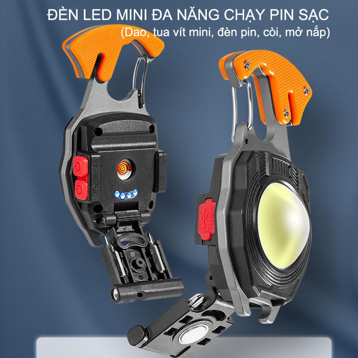 Đèn led mini kiêm móc khóa, tua vít, còi, quẹt điện, mở nắp chai đa năng dùng pin sạc