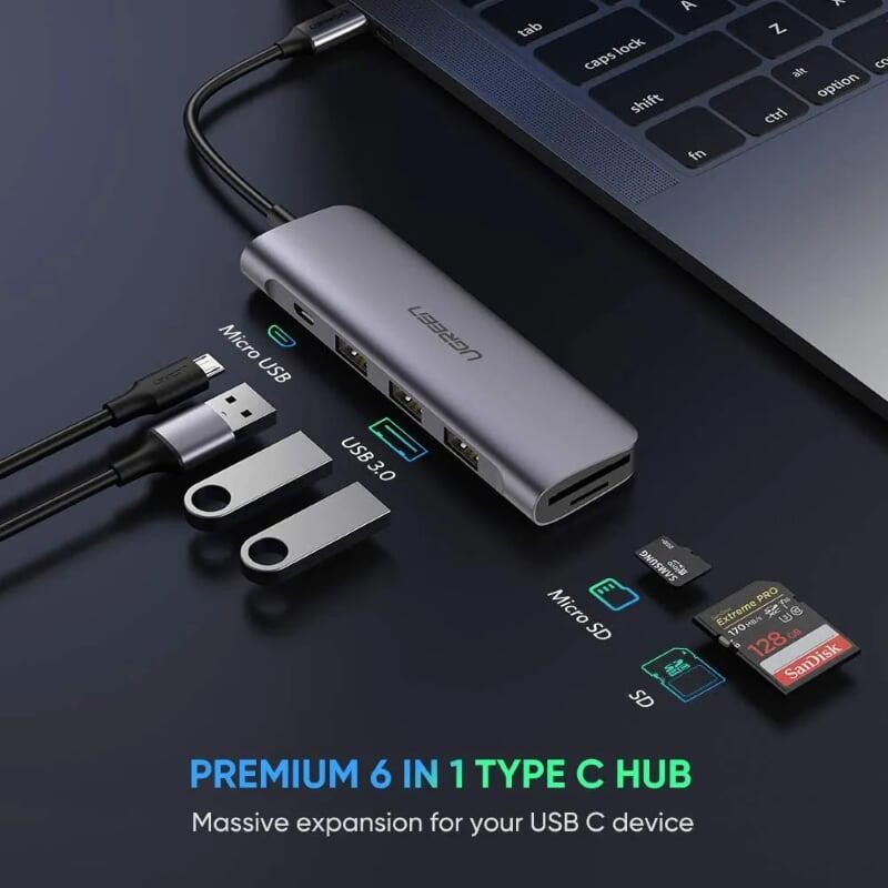 Ugreen UG50850CM195TK 20CM màu xám USB type C HUB 6 trong 1 ra USB 3.0 x 3 + Đọc thẻ TF/SD + nguồn 5V Micro USB - HÀNG CHÍNH HÃNG