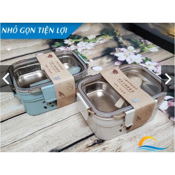 Hộp cơm giữ nhiệt văn phòng HADU inox 304 gồm 4 khay có thìa nắp đậy khóa kép an toàn cao cấp