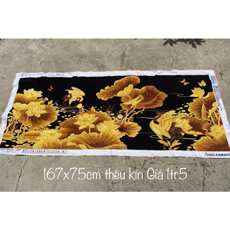 Tranh thêu chữ thập Hạc hoa sen kim sắc Phú Quý Trường Xuân