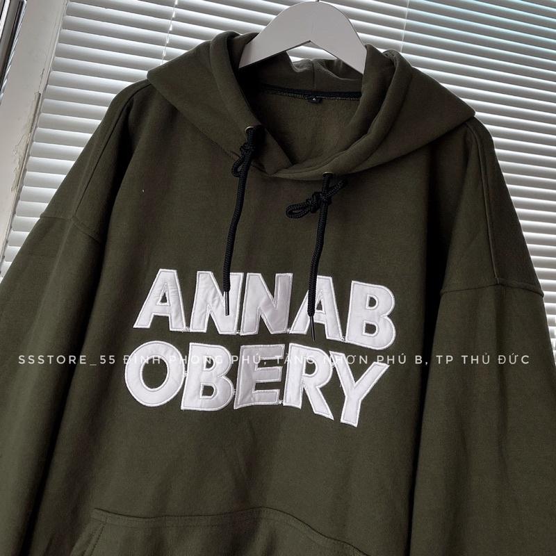 Áo Hoodie nỉ cotton lót bông thêu chữ ANNAB màu xanh form rộng unisex nam nữ