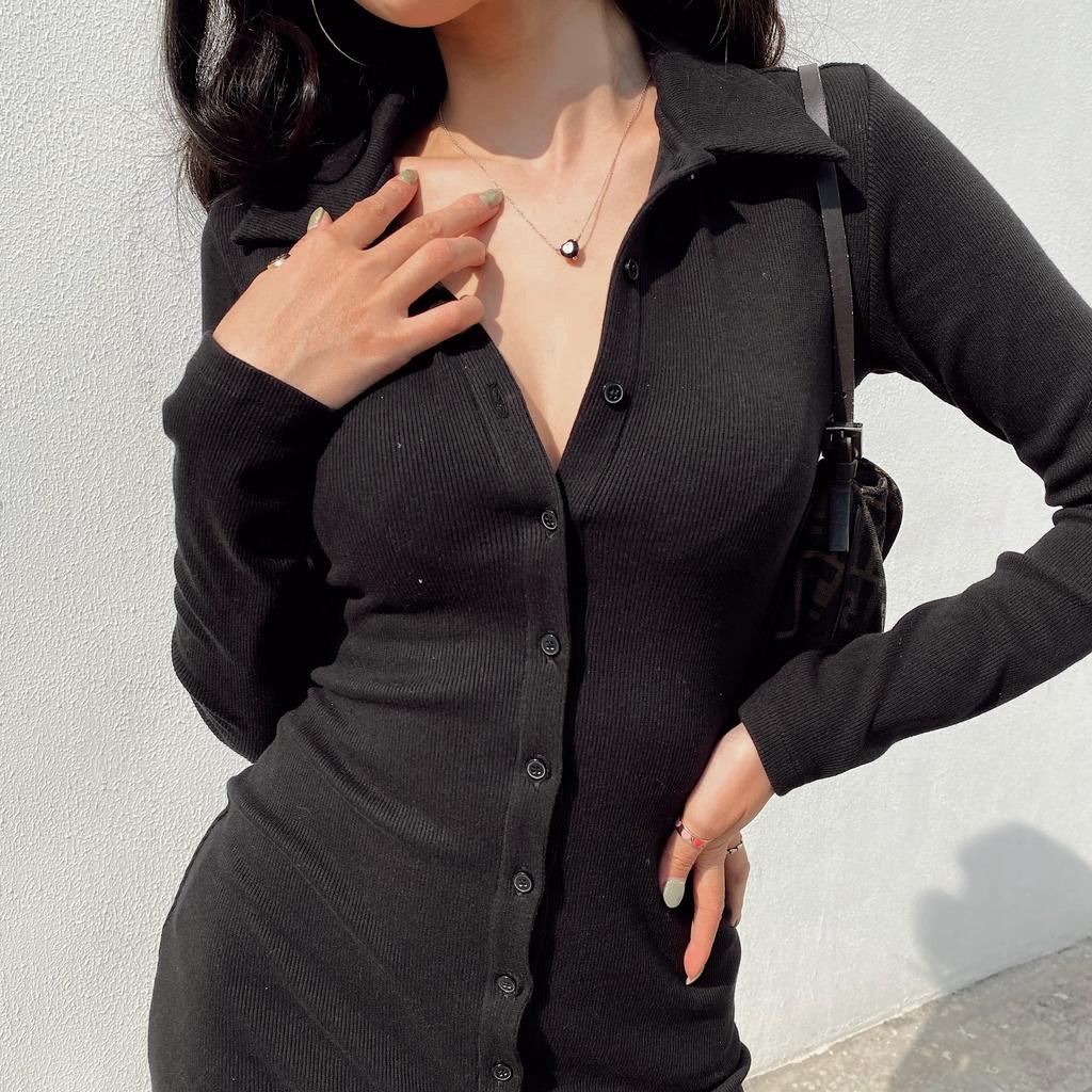 Váy thun gân body dài tay đen Mia đầm sơ mi len gân gân khuy trước váy maxi Angelina Long Sleeve Dress Mia Ritta V1028