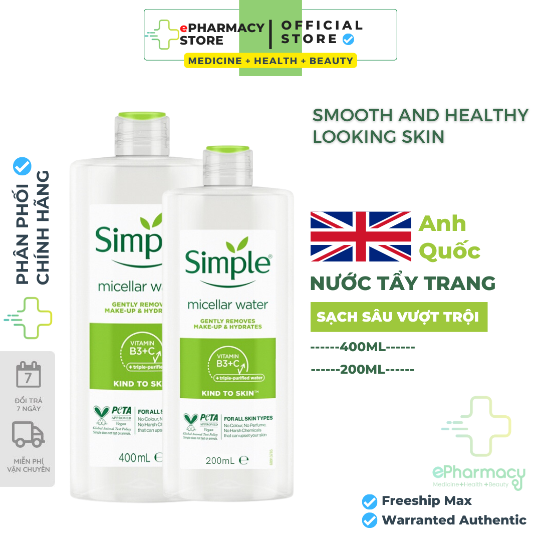 Nước tẩy trang Simple Micellar Cleansing Water làm sạch 99% trang điểm, cho da thoáng mịn tức thì