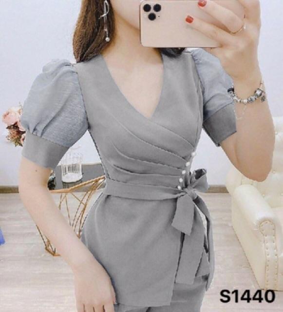 Sét bộ xếp ly đính nơ đóng cườm tay tơ lưới sang chảnh