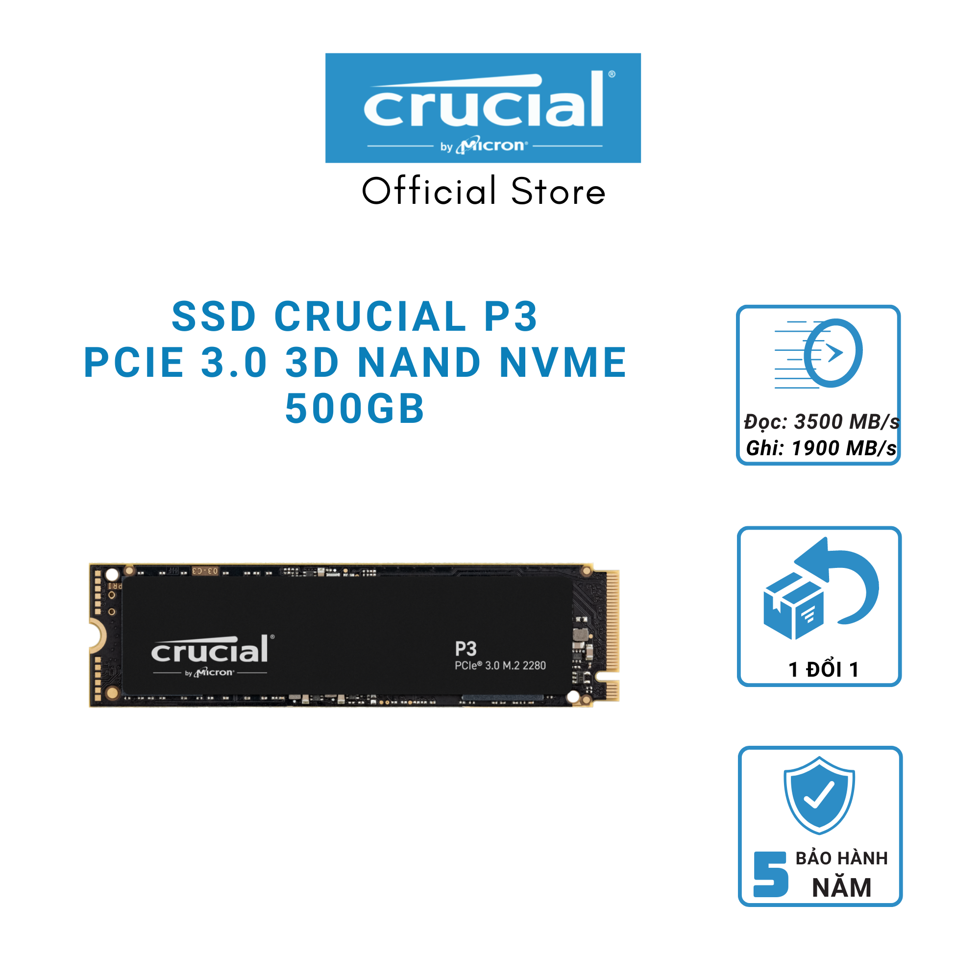 SSD CRUCIAL P3 Gen 3 NVMe 500GB - CT500P3SSD8 - HÀNG CHÍNH HÃNG