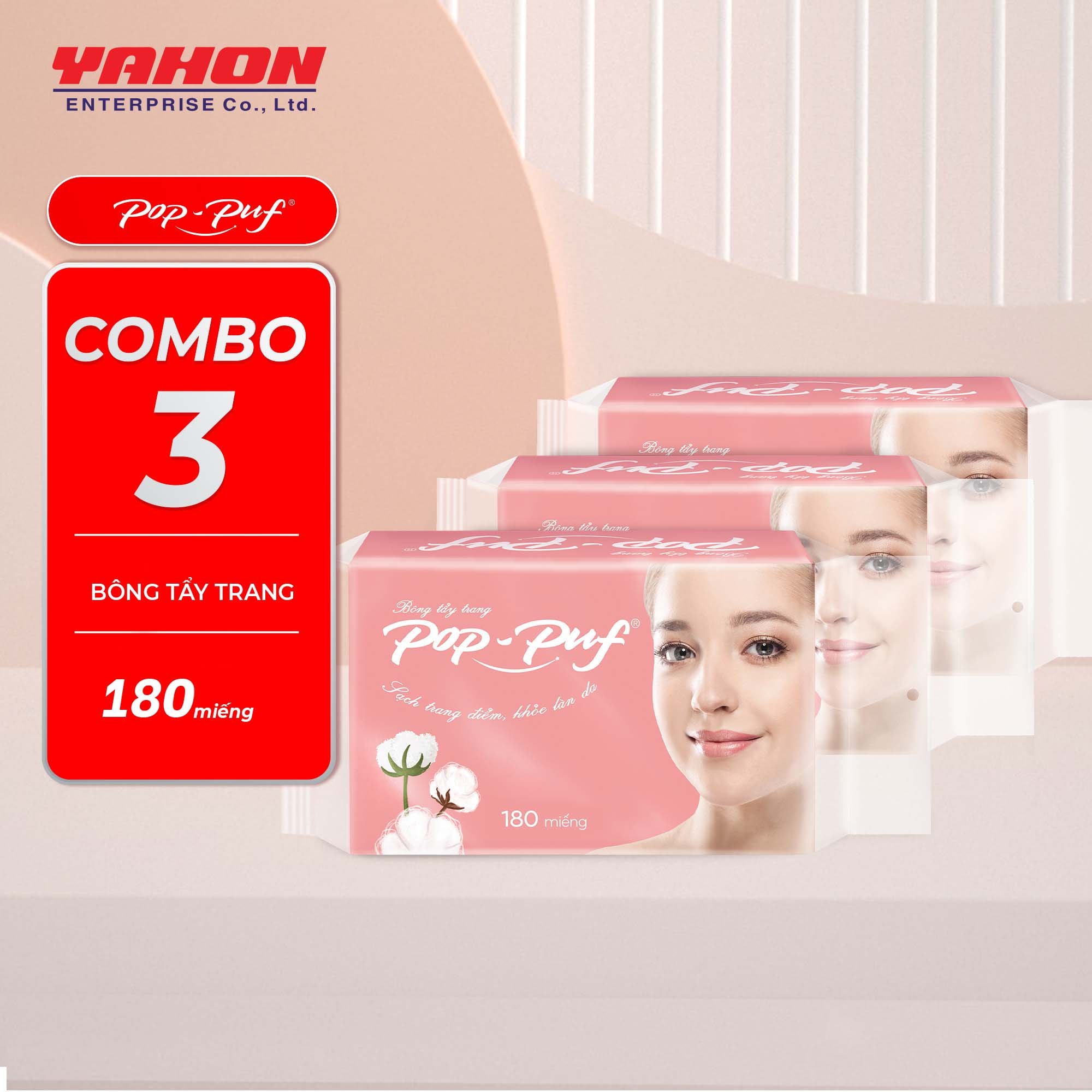 Combo 3 Bao Bông Tẩy Trang Ép Biên POP-PUF, 180 Miếng/Bao