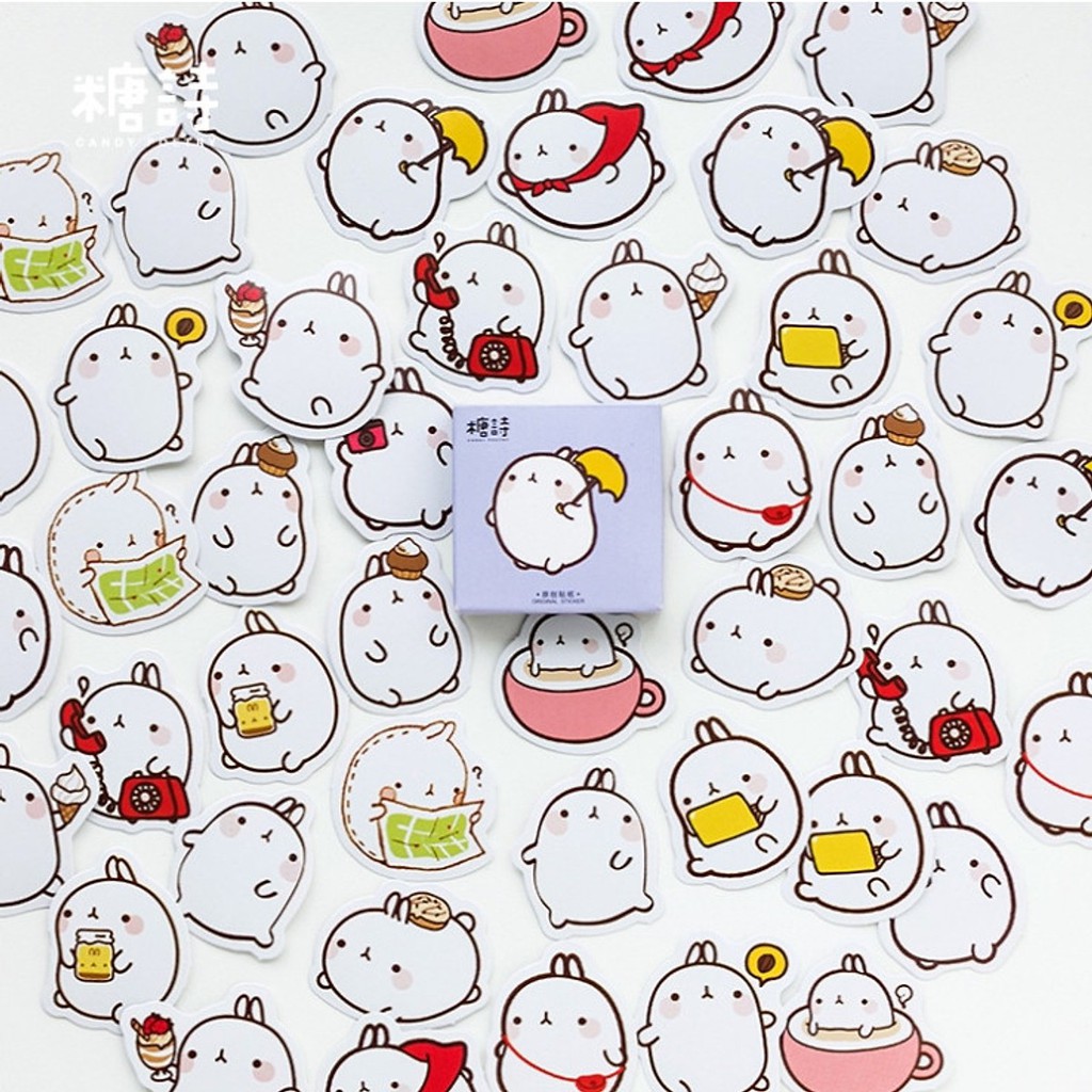 Set 60 Sticker Thỏ molang ảnh decal hình dán ép lụa