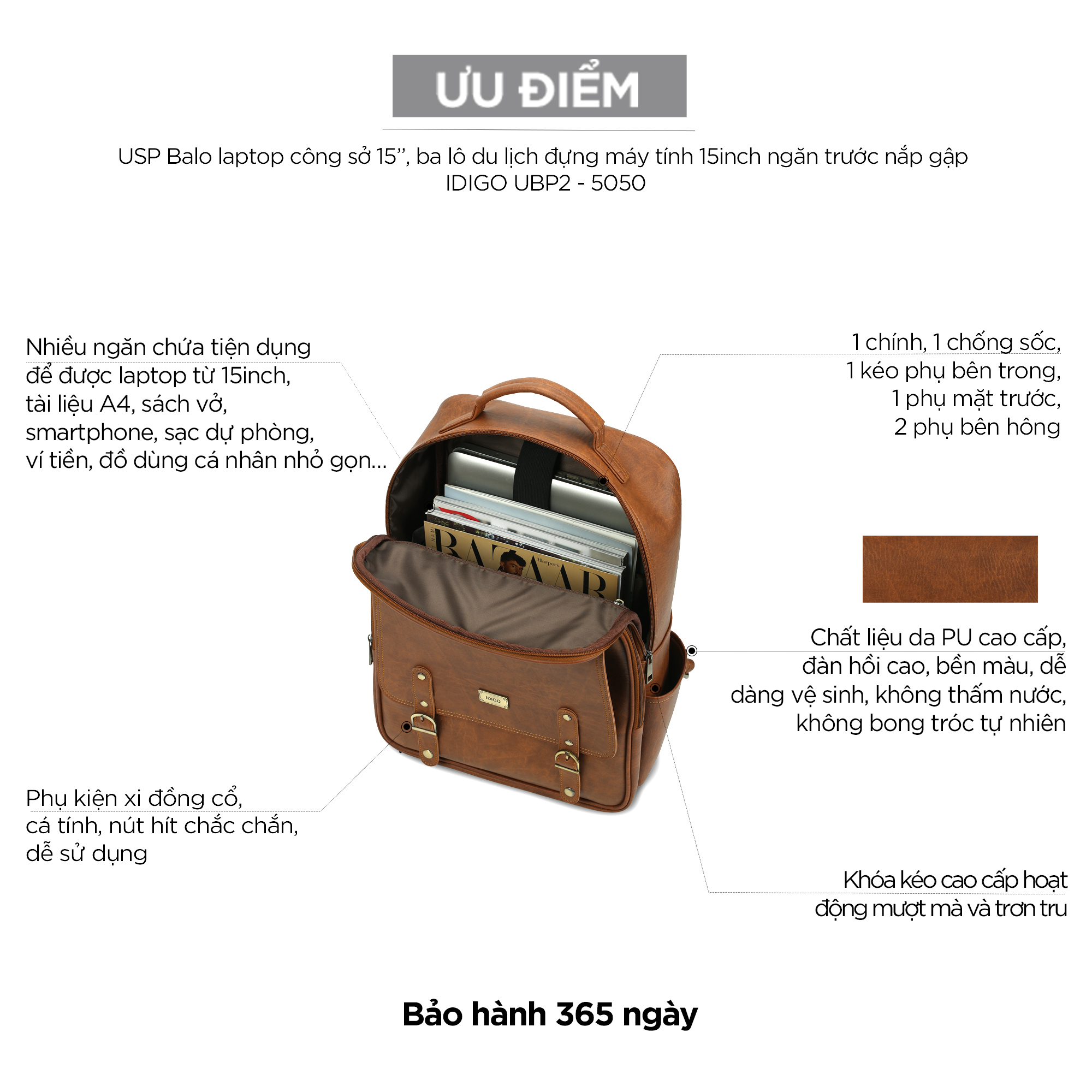 Balo laptop công sở 15”, ba lô du lịch đựng máy tính 15inch ngăn trước nắp gập IDIGO UBP2-5050