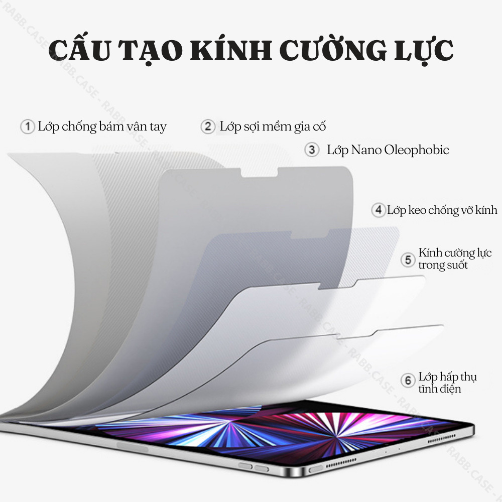 Kính cường lực dành cho iPad, kính viền cong 2.5D và Viền vuông, chịu lực rất tốt, khả năng xuyên sáng đến 99,5%, hạn chế bám vân tay và hạn chế lóa sáng