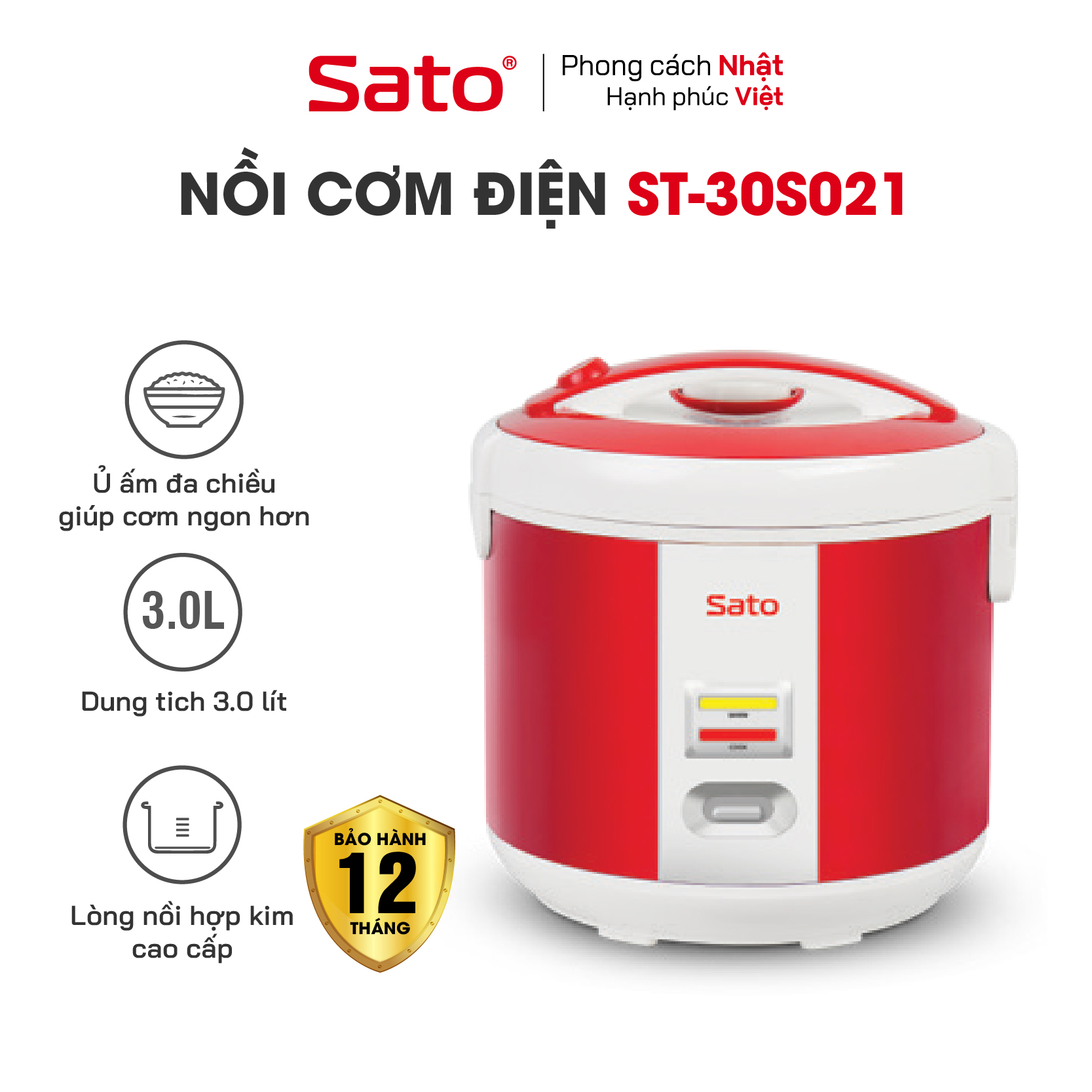 Nồi Cơm Điện SATO 30S021 3.0L - Lòng nồi bằng hợp kim nhôm phủ chống dính cao cấp, an toàn cho sức khỏe - Miễn phí vận chuyển toàn quốc -Hàng chính hãng