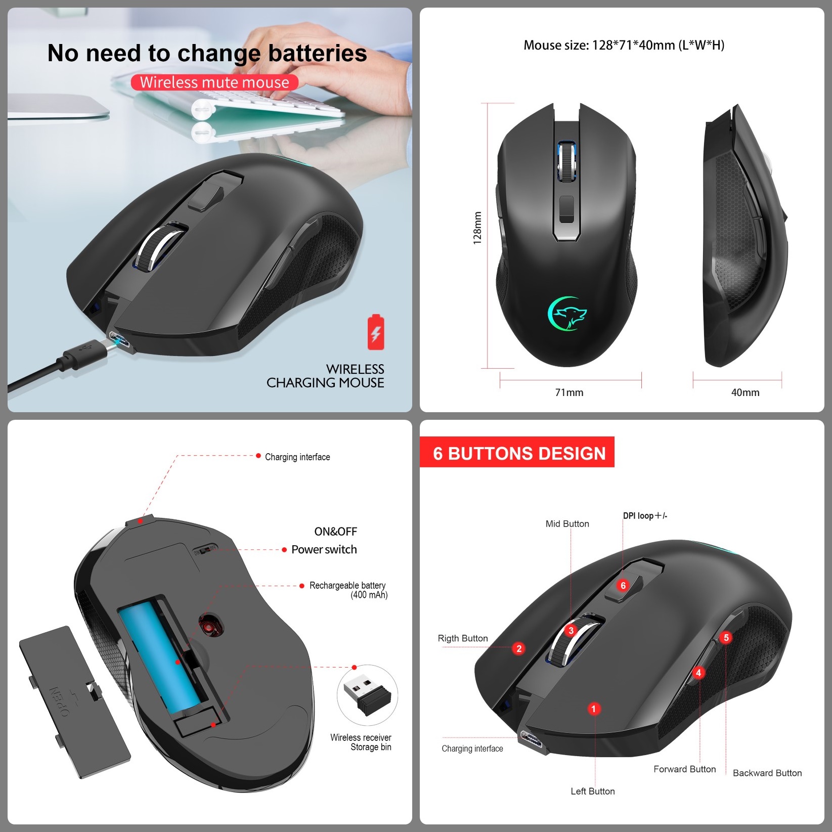 Chuột Không Dây Pin sạc Ghost Wolf G851 công thái học chống mỏi cổ tay Cho máy tính laptop hàng nhập khẩu