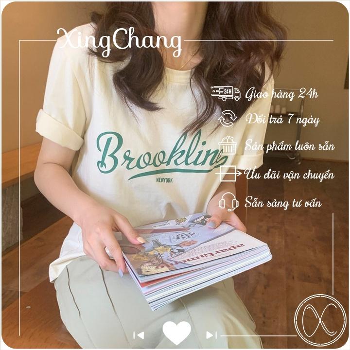 Áo thun nữ trắng dáng basic, áo thun công sở XingChang chất đẹp nữ tính in Brookline mã NXC28