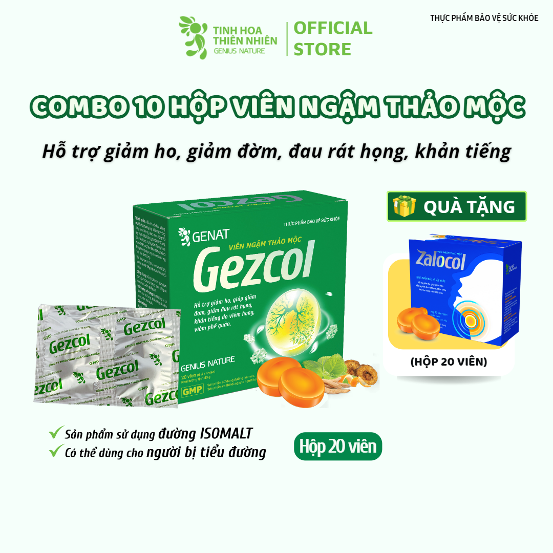 Combo 10 hộp 20 viên - Viên ngậm thảo mộc Gezcol Hỗ trợ giảm ho, giảm đờm, giảm đau rát họng, khản tiếng - Genat