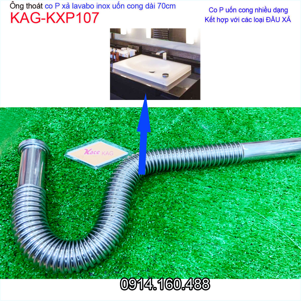 Ống xả nước chậu rửa mặt KAG-KXP107 dài 70cm, ống thải co P inox mềm có thể uốn bẻ chuyên dùng cho lavabo tủ chậu kiếng