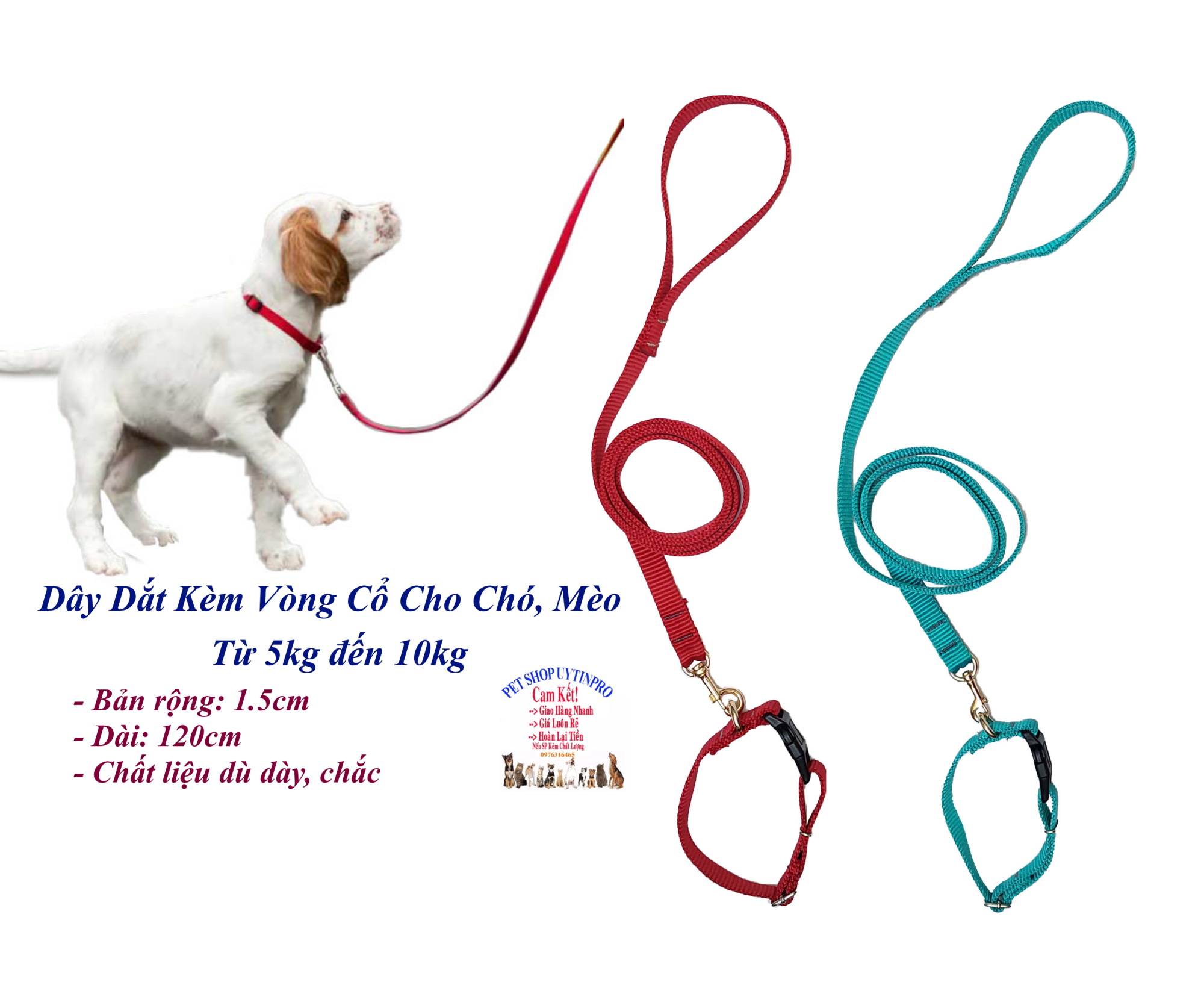 Dây dắt kèm vòng cổ cho Chó Mèo từ 5kg đến 10kg Bản rộng 1.5cm Không in hình Chất liệu dù dày, Bền, Chắc, Cao cấp